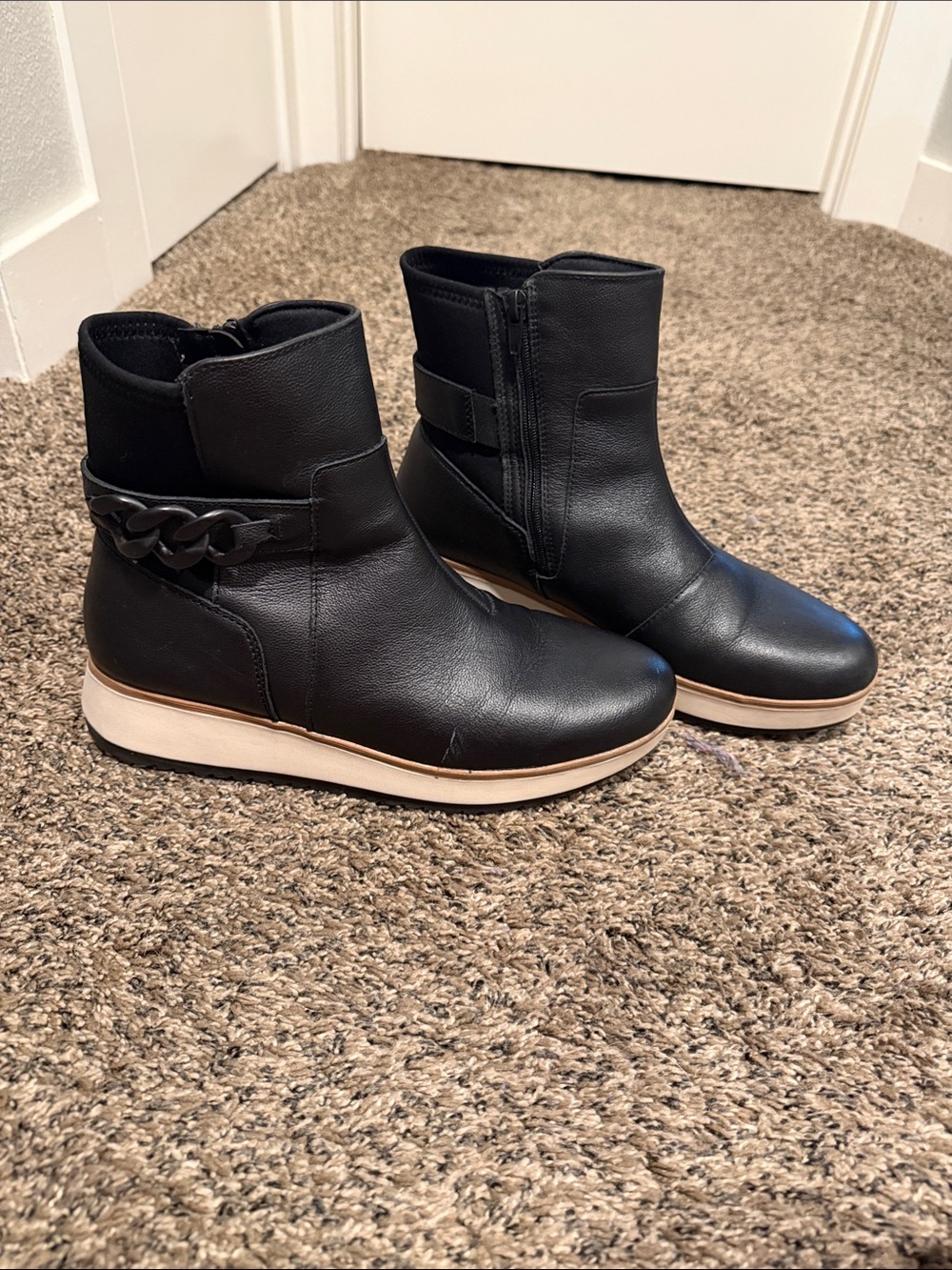 Clarks Black Leather Chain-Trim Wedge Booties